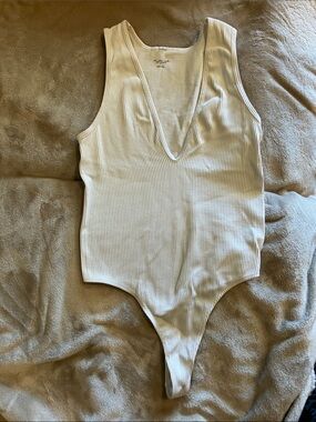 Urban Outfitters White Ribbed V-Neck Bodysuit